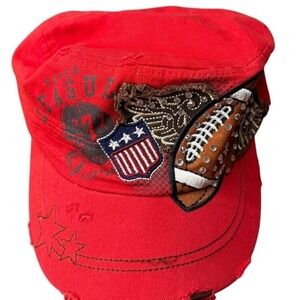 Leader LOGA Red Distressed Cadet Hat Rhinestone Football Winged Patch Y2K Cap‎